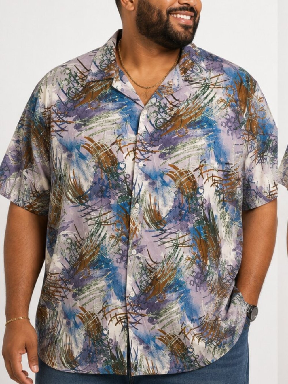 HUILISHI Men's 2XL Abstract Button-Up Shirt Short Sleeve Multicolor Casual Camp